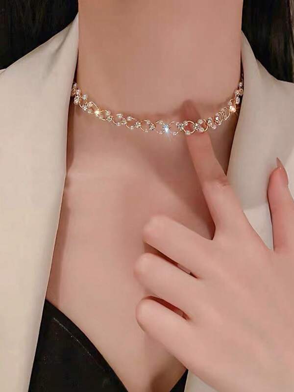 1pc Faux Pearl Strand Necklace, Faux Pearl Short Braided Necklace, Anniversary Gift Faux Pearl Necklace, Clavicle Chain, Bridesmaid Gift, Wedding Gift, Party Decoration Jewelry, Women's Jewelry Gift Valentine's Day Valentines