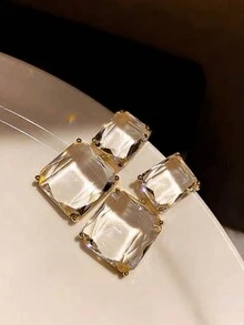 1對高端水晶透明幾何方形吊墜耳環 - 黃色 - 查看 1