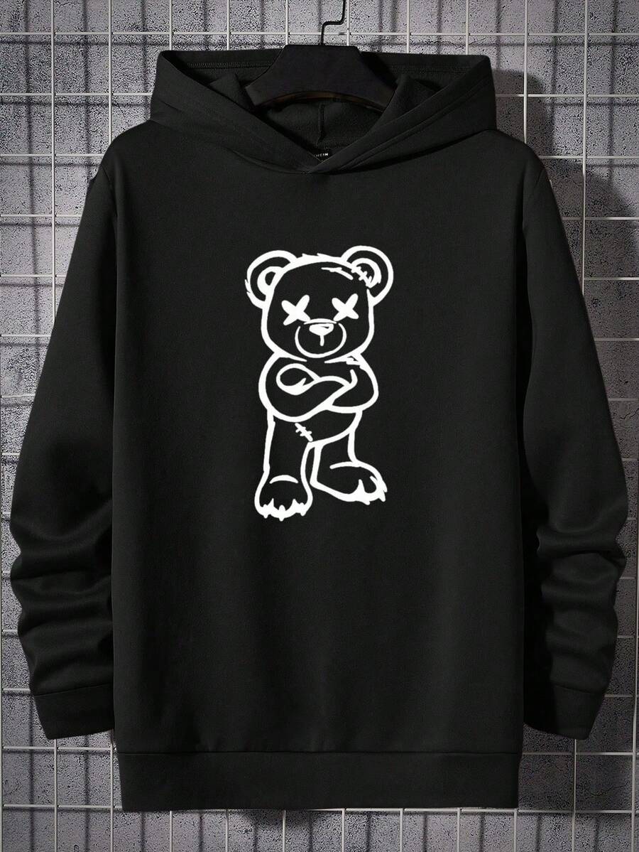 Hombres Capucha con estampado de oso HOODIE CANGURERA - Negro - Ver 1
