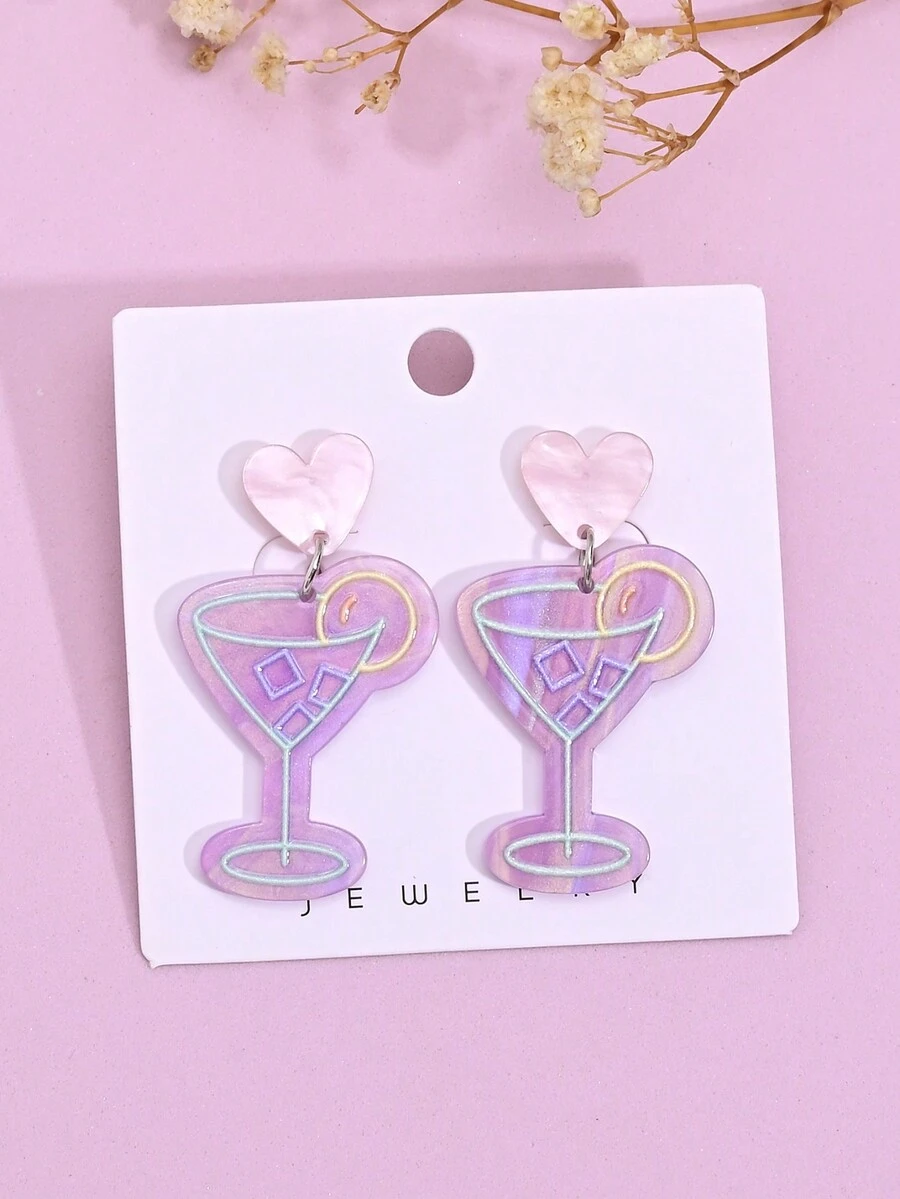 1pair Fashionable Jelly-Colored Geometric Heart & Wine Glass Shaped Pendant Earrings For Women - Multicolor - View 1