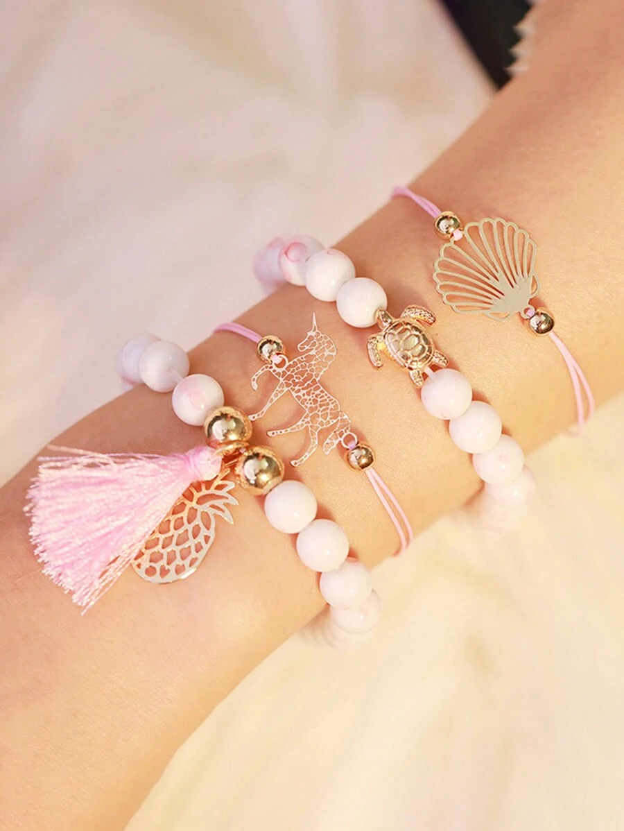 4 件/組新款獨角獸鳳梨組合手鍊,時尚鏤空四件粉紅與白色串珠手鍊套裝 - 淺粉色 - 查看 1