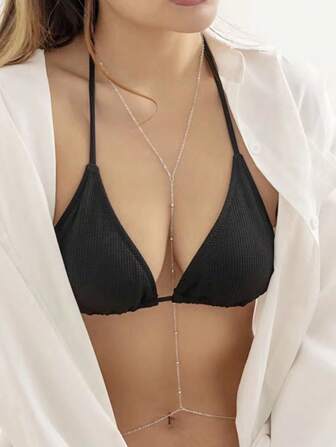 時尚性感的銀色身鏈,採用簡單的金屬珠鏈設計,適用於腰部和頸部