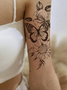 Temporary Tattoo Sticker, 1pc Sexy Butterfly & Rose Pattern Tattoo Sticker, Simple Leaves & Sunflower Pattern Tattoo Sticker, Waterproof Temporary Tattoo For Waist, Thigh, Arm And Shoulder, Disposable Fake Tattoo Sticker Suitable For Men And Women - Black - View 3