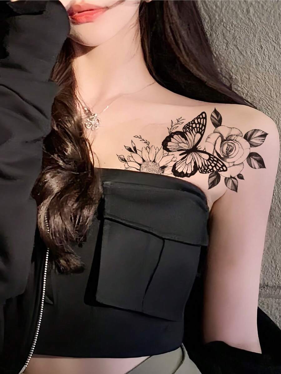 Temporary Tattoo Sticker, 1pc Sexy Butterfly & Rose Pattern Tattoo Sticker, Simple Leaves & Sunflower Pattern Tattoo Sticker, Waterproof Temporary Tattoo For Waist, Thigh, Arm And Shoulder, Disposable Fake Tattoo Sticker Suitable For Men And Women - Black - View 1