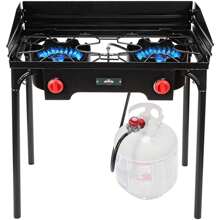 Hike Crew Cast Iron Double-Burner Outdoor Gas Stove, 150,000 BTU Portable Propane-Powered Cooktop With Removable Legs, Temperature Control Knobs, Wind Panels, Hose, Regulator & Storage Carry Case - 黑色 - 查看 1