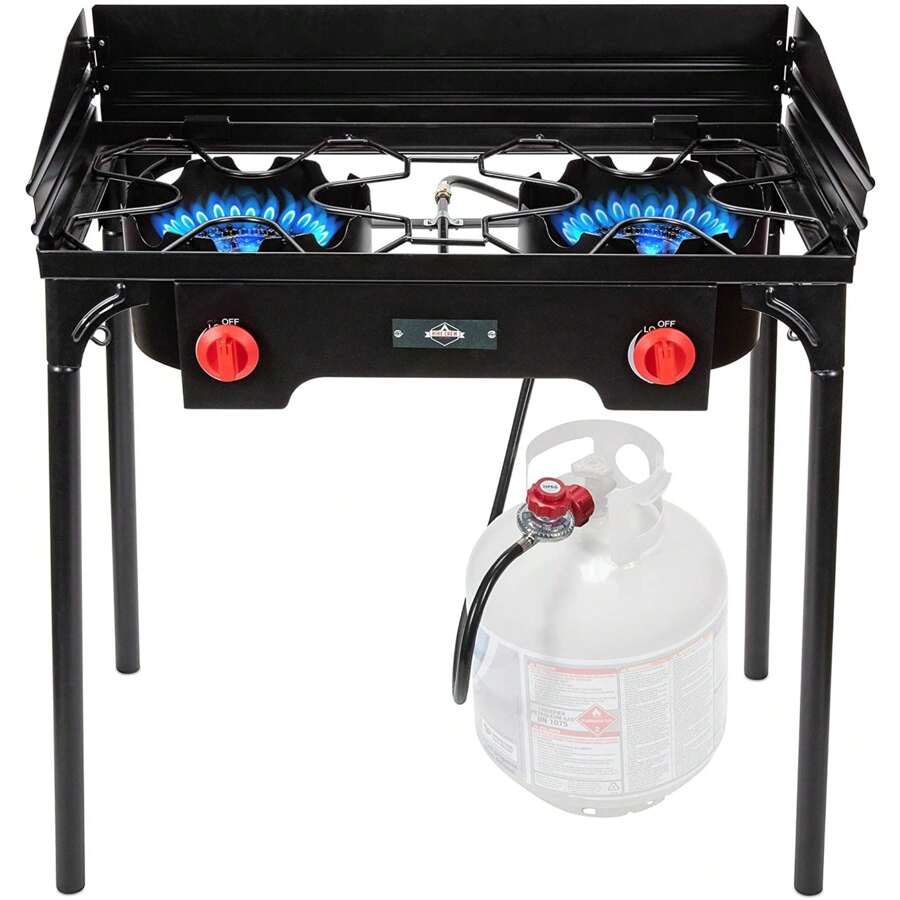 Hike Crew Cast Iron Double-Burner Outdoor Gas Stove, 150,000 BTU Portable Propane-Powered Cooktop With Removable Legs, Temperature Control Knobs, Wind Panels, Hose, Regulator & Storage Carry Case - 黑色 - 查看 1
