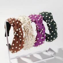 3pcs/4pcs Fabric Pearl Detail Wide Edge Headband, Suitable For Daily Hair Accessory Decoration - Multicolor - View 4