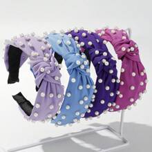 3pcs/4pcs Fabric Pearl Detail Wide Edge Headband, Suitable For Daily Hair Accessory Decoration - Multicolor - View 3