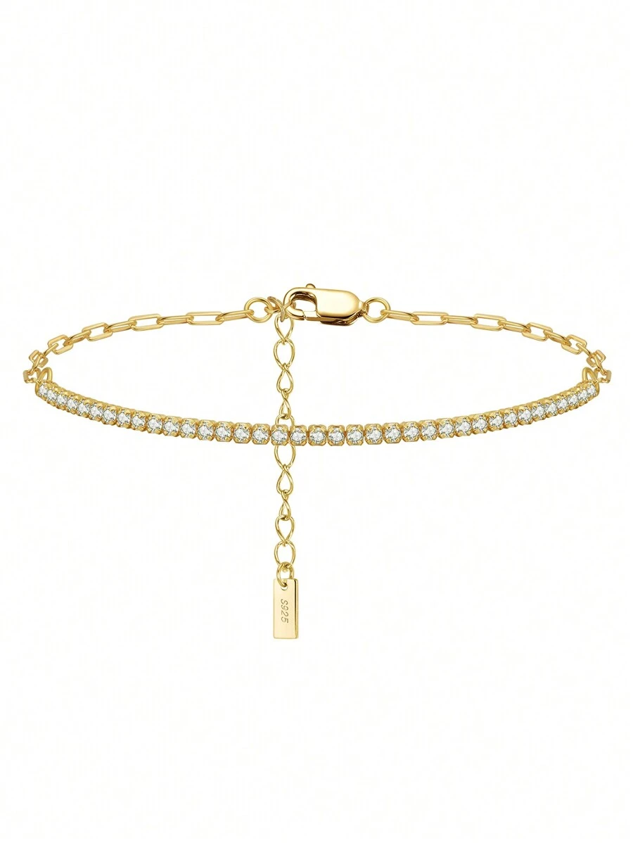 ORSA JEWELS 1PC Genuine 925 Sterling Silver Half Tennis Bracelet Hand Chain 4A Grade Cubic Zirconia Gorgeous Women Jewelry Best Gift For Birthday Wedding Engagement Bridal Jewelry - Yellow Gold - View 1