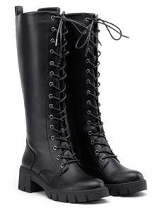 Women's 9603 Knee High Boots, Platform Chunky Heel Boots For Women - black PU - View 7