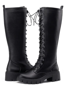 Women's 9603 Knee High Boots, Platform Chunky Heel Boots For Women - black PU - View 6