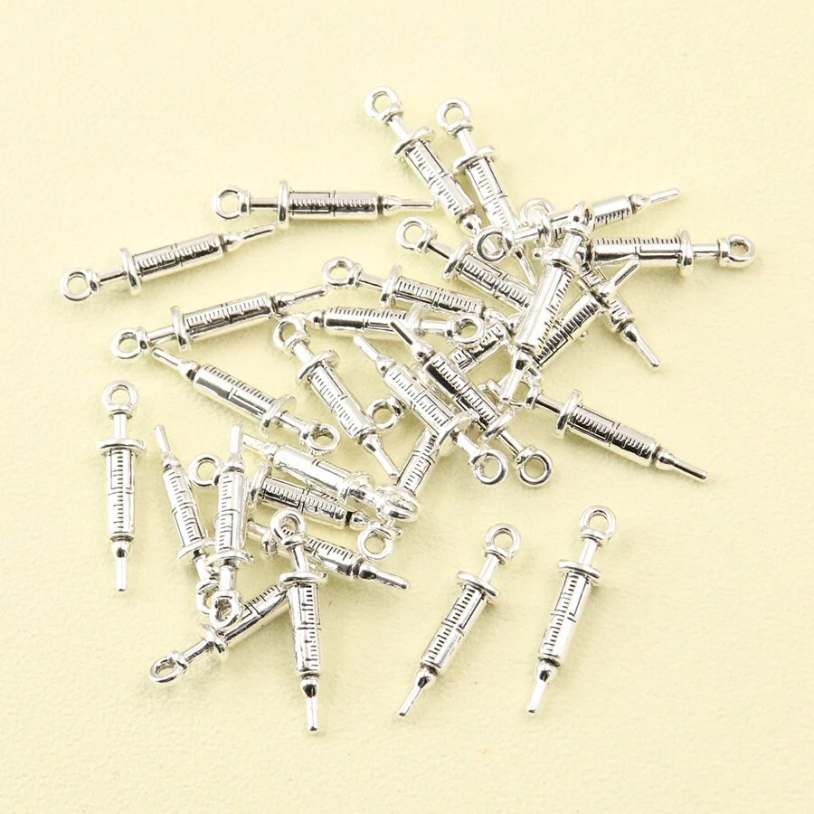 30pcs New Silver Metal Syringe Shaped Medical Supplies Pendant Charm For Jewelry, Clothing, Keychain, Diy Accessories - Silver - View 1