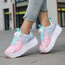 Kid's Sneaker With Wheels And Skates Dual-Purpose, Multi-Functional With Hidden Button Design, Removable Front Wheel, Retractable Rear Wheel, Suitable For Walking And Skating - Pink - View 3