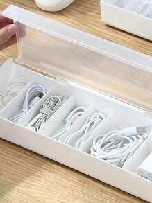 1pc White Desktop Storage Box For Data Cables, Makeup, Chargers, With Multiple Compartments - White - View 2