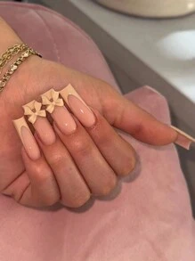 24入組長款假指甲,法式風格3d蝴蝶&冰粉色設計,附果凍膠&指甲檔,適用於派對,舞蹈和日常佩戴,讓您升級造型 - 彩色 - 查看 1