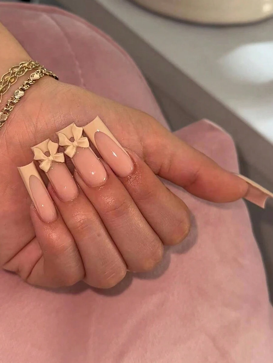 24入組長款假指甲,法式風格3d蝴蝶&冰粉色設計,附果凍膠&指甲檔,適用於派對,舞蹈和日常佩戴,讓您升級造型 - 彩色 - 查看 1