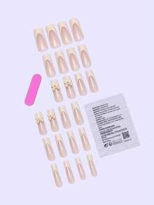 24入組長款假指甲,法式風格3d蝴蝶&冰粉色設計,附果凍膠&指甲檔,適用於派對,舞蹈和日常佩戴,讓您升級造型 - 彩色 - 查看 2