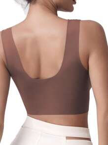 Sujetador sin aros de encaje con ribete, sin costuras, de alta elasticidad, color marrón para mujer