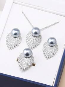 豪華優質天然珍珠新娘婚禮4件套大珠寶首飾套裝,適用於女士時尚服飾配件925銀色耳針項鍊及吊墜可調節戒指聖誕、情人節、母親節禮物 - 不規則 - 查看 5