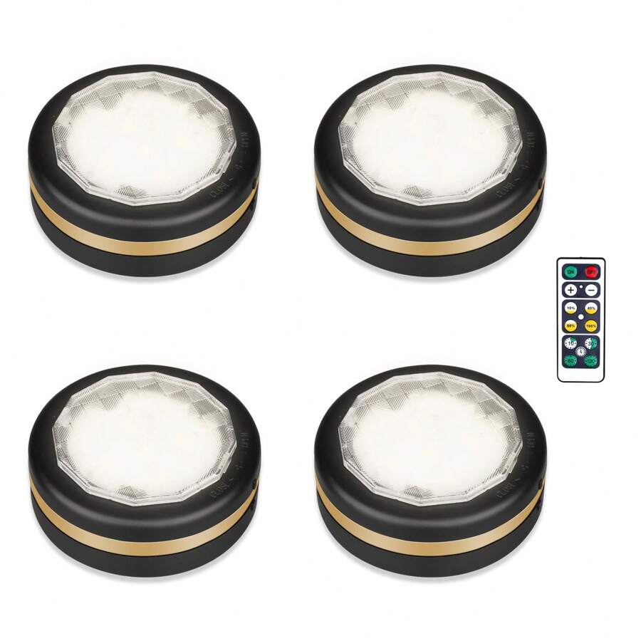 4 Pack Under Counter Lights For Kitchen,Wireless LED Puck Lights With Remote Control 6 Packs, Under Cabinet Lighting Battery Operated,Stick-Up Steps Lights Indoor - Black+Gold - View 1