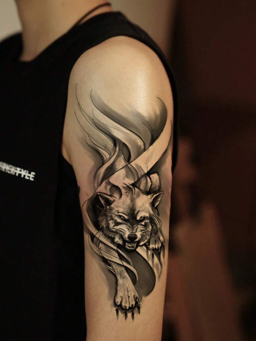 臨時紋身貼紙,1入組防水狼圖案紋身貼紙,適用於男性的猛獸暫時紋身,手臂紋身,腿部紋身 - 黑色 - 查看 1