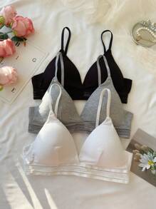 3pcs/Set Women's Ribbed Bralette With Triangle Cup