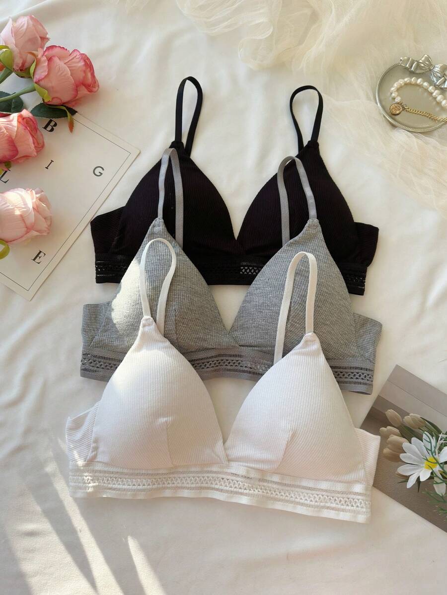 3pcs/Set Women's Ribbed Bralette With Triangle Cup