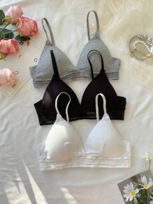 3pcs/Set Women's Ribbed Bralette With Triangle Cup
