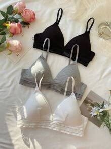 3pcs/Set Women's Ribbed Bralette With Triangle Cup