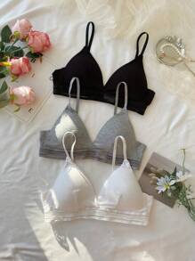 3pcs/Set Women's Ribbed Bralette With Triangle Cup