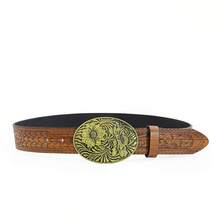 1入刻花古銅色花卉扣頭女士棕色腰帶 - 棕色 - 查看 2