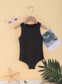 Tween Girl Solid Color Sleeveless Bodysuit With Round Neck - Black - View 1