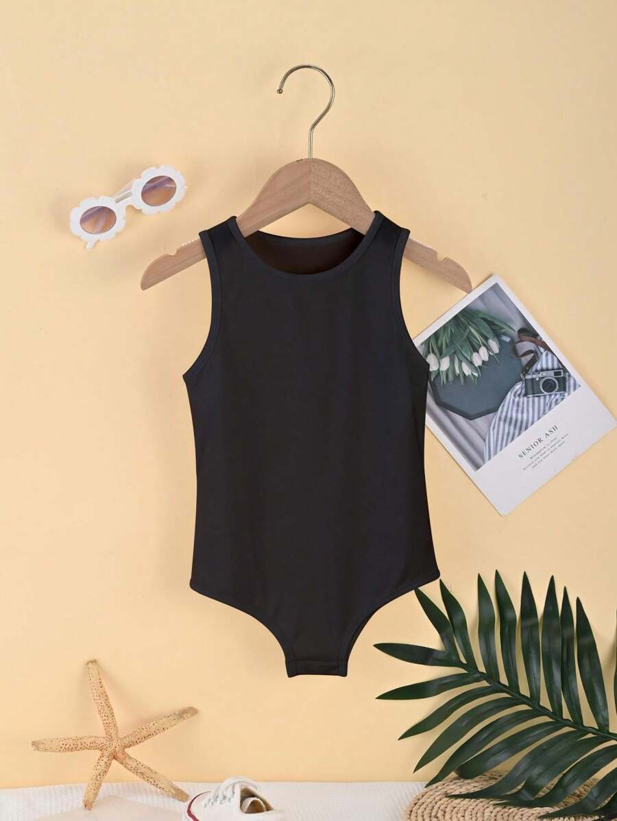 Tween Girl Solid Color Sleeveless Bodysuit With Round Neck - Black - View 1