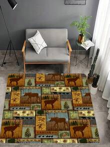 1pc Polyester Fiber Vintage Brown Deer Pine Tree Printed Rug For Home Living Room Decoration - Multicolor - View 5
