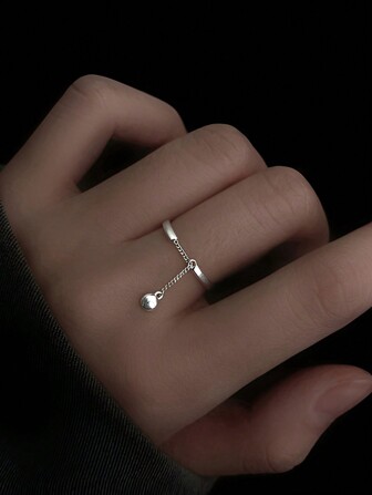 1入組時尚純銀可調節鏈條珠子裝飾戒指適合女士日常裝飾