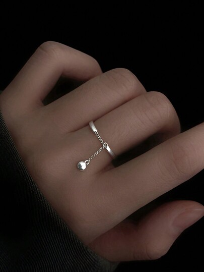 خاتم موضة الفضة الاسترليني قابل للتعديل سلسلة بديكور خرز للنساء الزخرفة اليومية قطعة واحدة