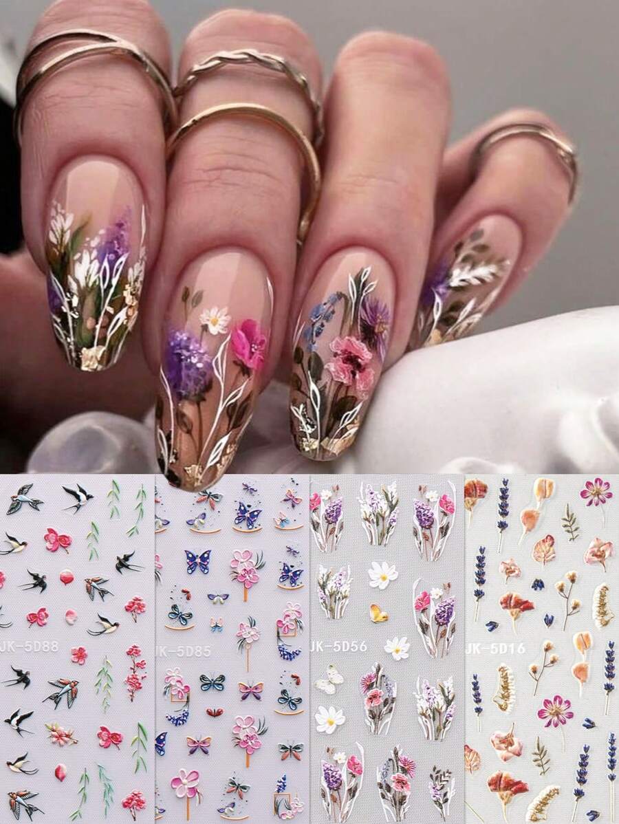 4片春季蝴蝶、燕子、花卉植物凸紋美甲貼紙，DIY - 彩色 - 查看 1