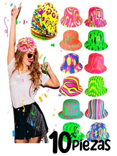 10 Sombreros Gorros Bombin Neon Brillan en Luz Uv Fiesta Batucada Antro Bar Festival Carnaval Fiesta Fluorescente Glow Gorra Evento Boda Cumpleaños