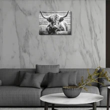 可愛的高地牛牧場毛茸茸的牛動物畫布畫,有復古木質底板背景的黑白牛壁畫裝飾畫,適用於家庭辦公室裝飾,不含框架16"*12" - 黑與白 - 查看 2