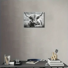 可愛的高地牛牧場毛茸茸的牛動物畫布畫,有復古木質底板背景的黑白牛壁畫裝飾畫,適用於家庭辦公室裝飾,不含框架16"*12" - 黑與白 - 查看 4
