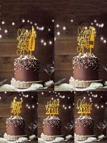 2pcs 2024 Happy New Year Cake Plug-In Acrylic Cake Decoration Suitable For Parties New Year'S Eve - Gold - View 1