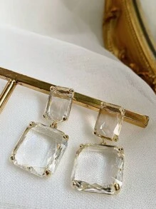 1對高端水晶透明幾何方形吊墜耳環 - 黃色 - 查看 6