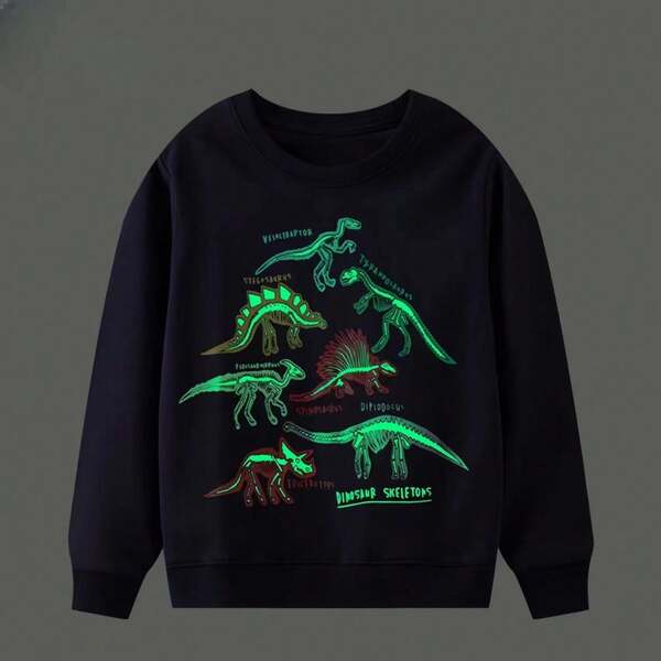 Kleine Jungen Sweatshirt mit leuchtendem Dinosaurier- und Buchstabenaufdruck, Rundhalsausschnitt, geeignet für Frühling und Herbst
