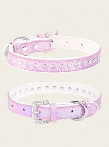 閃亮鑲嵌彩色水晶和鑽石的銀鈕扣狗項圈 - 紫色 - 查看 1