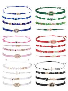 4Pcs/Set Matching Couple Bracelet Red Braided Pink String Evil Eye Heart Charm Lucky Bracelets Mexican Braclets Green Rope Bracelet Virgin Mary Amulet Valentines Gift For Women Men Boys & Girls,Mom,Mother,Mother's Day,Gift
