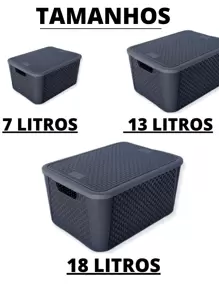 Kit 3 Caixas Organizadoras Rattan Reforçada 7L, 13L E 18L - Cesto Organizador Rattan Com Tampa Multiuso - Preto - Visão 3