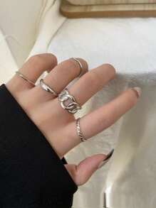 5入組極簡設計中空指節戒指 - 銀色 - 查看 1