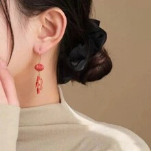 1pair Chinese Style Lantern Firecracker Dangle Earrings, Red Festive Ear Drops For New Year Celebration - Red - View 3