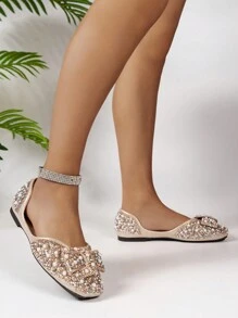 Women's Simple Pearl Rhinestone Bow Decor Casual Flat Slip-On Loafer Shoes, Spring/Summer - Gold - View 5