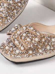 Women's Simple Pearl Rhinestone Bow Decor Casual Flat Slip-On Loafer Shoes, Spring/Summer - Gold - View 2